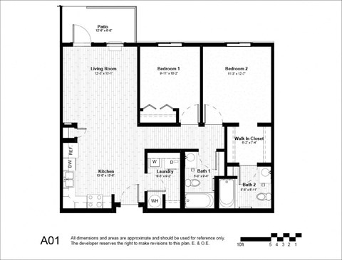 Floor plan for 2 beds, 2 baths, 932 sqft